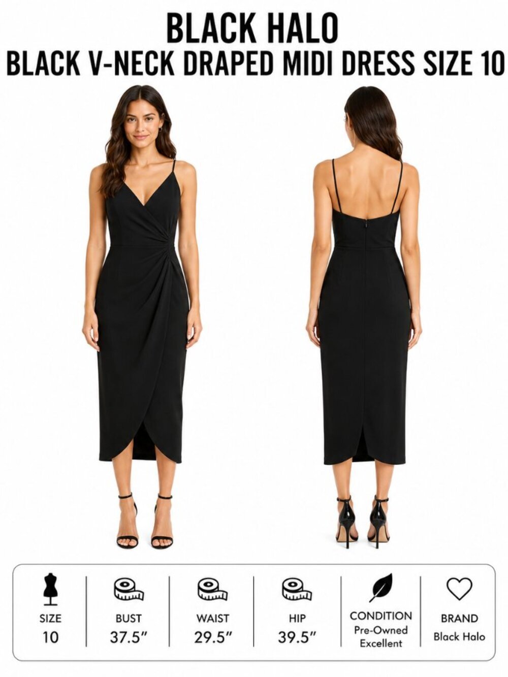 Black Halo Black V-Neck Slip Midi Dress with Side Drape Size 10